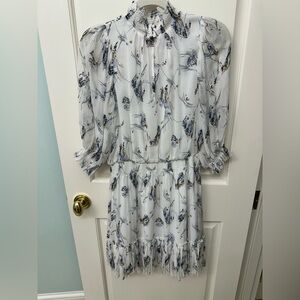 Joie White Sheer Floral Dress with Navy Accents, 100% silk, size S EUC worn once